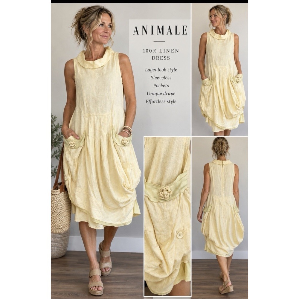 Animale 100% Linen Yellow Lagenlook Art to Wear Bubble Hem Pockets Size US 10